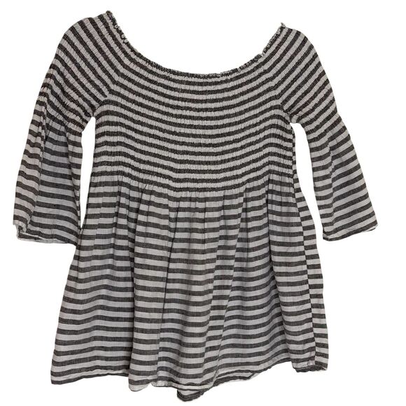 C & C California Linen Babydoll Smocked Top Blouse Shirt Gray White M - Picture 5 of 7